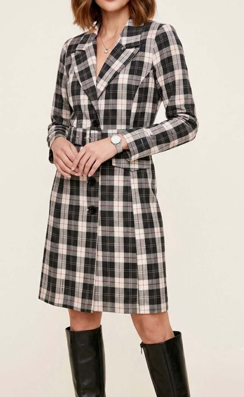 Better B. Black And White Plaid Checkered Long Sleeve Belted Blazer Dress